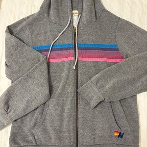 Aviator Nation Zip Up Hoodie Gray Pink Stripes